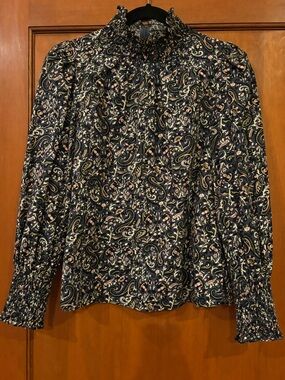 Veronica Beard Cotton Paisley/Floral Smocked-Neck Blouse Size 6